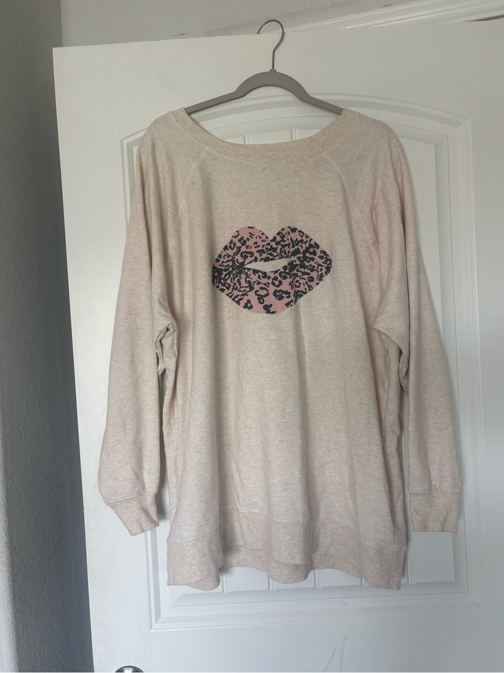 Wildfox Cream Pullover Sweatshirt with Pink Leopard Kiss Graphic
